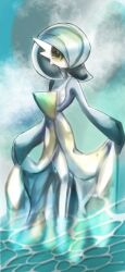 Rule 34 | 1girl, alternate color, blue hair, blue skin, blue sky, bob cut, cloud, colored skin, creatures (company), day, female focus, flat chest, full body, game freak, gardevoir, gen 3 pokemon, hair over one eye, highres, legs, legs together, lifting own clothes, looking at viewer, multicolored skin, nintendo, one eye covered, outdoors, partially submerged, pokemon, pokemon (creature), shiny pokemon, short hair, sky, solo, standing, tensaitou tou, two-tone skin, wading, water, white skin, yellow eyes