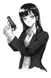 Rule 34 | 1girl, 787nanahachi, asymmetrical bangs, blazer, business casual, closed mouth, collared shirt, commentary, cropped torso, dress shirt, greyscale, gun, handgun, highres, holding, holding gun, holding weapon, jacket, lapels, long hair, long sleeves, looking at viewer, monochrome, notched lapels, office lady, open clothes, open collar, open jacket, original, ringed eyes, serious, shirt, simple background, solo, spot color, textless version, upper body, walther, walther ppk, weapon