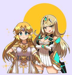 Rule 34 | 2girls, absurdres, bare legs, bare shoulders, blonde hair, blush, breasts, chest jewel, circlet, cleavage, cleavage cutout, clothing cutout, dress, earrings, elbow gloves, gem, gloves, headpiece, highres, jewelry, long hair, looking at viewer, multiple girls, mythra (xenoblade), nintendo, no legwear, omura zojiki, pointy ears, princess zelda, short dress, smile, super smash bros., swept bangs, the legend of zelda, the legend of zelda: a link between worlds, thigh strap, tiara, very long hair, white dress, white footwear, white gloves, xenoblade chronicles (series), xenoblade chronicles 2, yellow eyes