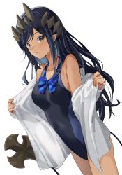 Rule 34 | 1girl, nanashi inc., alternate costume, black hair, black one-piece swimsuit, blue bow, blue bowtie, blush, bow, bowtie, breasts, brown eyes, cleavage, commentary request, cowboy shot, dark-skinned female, dark skin, demon girl, demon tail, dutch angle, highres, honey strap, large breasts, long hair, looking at viewer, one-piece swimsuit, open mouth, pointy ears, shimamura charlotte, shirt, simple background, solo, swimsuit, swimsuit under clothes, tail, te ga tsumetai, virtual youtuber, white background, white shirt