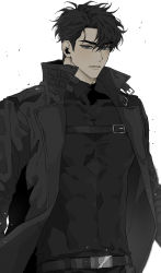 Rule 34 | 1boy, belt, black coat, black eyes, black hair, chest belt, coat, donggoureng2, expressionless, highres, korean commentary, looking at viewer, male focus, muscular, muscular male, omniscient reader&#039;s viewpoint, shirt tucked in, short hair, solo, trench coat, turtleneck, upper body, white background, yoo joonghyuk
