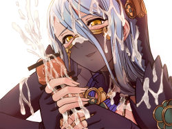 Rule 34 | 1girl, azura (fire emblem), bar censor, blue hair, blush, censored, cum, cum on clothes, cum on hair, ejaculation, facial, fingerless gloves, fingernails, fire emblem, fire emblem fates, focused, gloved handjob, gloves, hair between eyes, handjob, hetero, looking at viewer, mouth veil, myaan, nintendo, open mouth, out of frame, parted lips, penis, saijou satoru, see-through, simple background, smile, solo focus, veil, white background, yellow eyes
