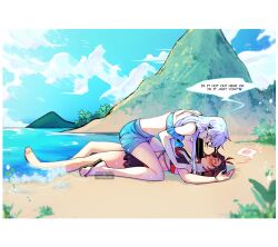 Rule 34 | 2girls, ?, absurdres, ahoge, artist name, barefoot, beach, bikini, blue eyes, blush, breasts, cloud, commentary, commission, day, english commentary, english text, eye contact, flying sweatdrops, grass, heart, highres, kiyomi des, legs, long hair, looking at another, lying, medium breasts, miniskirt, multiple girls, on back, outdoors, red hair, ruby rose, rwby, sandals, short hair, skirt, speech bubble, spoken blush, spoken heart, swimsuit, toes, water, watermark, weiss schnee, wet, white hair, yuri