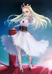 Rule 34 | 1girl, antenna hair, armored warriors, belt, blonde hair, bloomers, blue eyes, boots, breasts, buttons, capcom, corset, crown, cyberbots, devilot de deathsatan ix, dress, eyebrows, fang, forehead, hair slicked back, highres, johan (johan13), juliet sleeves, long hair, long sleeves, multiple belts, outstretched arm, parted lips, petticoat, puffy sleeves, small breasts, solo, underwear, white dress, white footwear, white theme