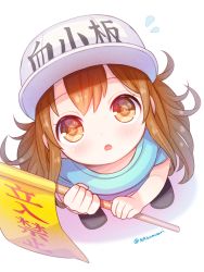 Rule 34 | 10s, 1girl, :o, artist request, baseball cap, blush, brown eyes, brown hair, clothes writing, commentary request, from above, hat, hataraku saibou, highres, long hair, looking at viewer, looking up, parted lips, platelet (hataraku saibou), solo, twitter username, white background