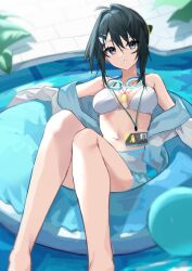 Rule 34 | 1girl, arknights, bikini, black eyes, black hair, breasts, goggles, goggles around neck, goma 74umai, hair ornament, hairclip, highres, id card, innertube, jacket, jacket over swimsuit, la pluma (arknights), la pluma (summer flowers) (arknights), lanyard, long sleeves, looking at viewer, medium breasts, navel, official alternate costume, open clothes, open jacket, open mouth, pool, short hair, solo, stomach, swim ring, swimsuit, water, white bikini, white jacket, wing hair ornament