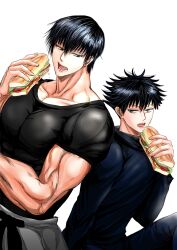 Rule 34 | 2boys, absurdres, artist request, back-to-back, black hair, father and son, food, fushiguro megumi, fushiguro touji, highres, jujutsu kaisen, large pectorals, male focus, mature male, multiple boys, muscular, muscular male, pectorals, sandwiched, scar, scar on face, scar on mouth, short hair, sideways glance, white background