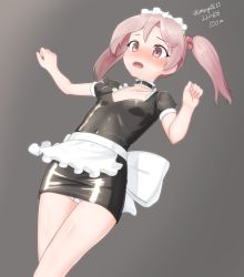 Rule 34 | 1girl, absurdres, alternate costume, apron, black dress, breasts, cowboy shot, dated, dress, enmaided, grey background, hair bobbles, hair ornament, highres, kantai collection, maid, maid headdress, maru (marg0613), one-hour drawing challenge, panties, pink eyes, pink hair, sazanami (kancolle), short hair, simple background, small breasts, solo, twintails, twitter username, underwear, waist apron, waitress, white apron, white panties