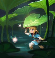 Rule 34 | 1boy, belt, bettykwong, blonde hair, blue eyes, blue shirt, fairy, fingerless gloves, giant leaf, gloves, link, looking at another, minish, nintendo, pointy ears, ponytail, shirt, sidelocks, the legend of zelda, the legend of zelda: breath of the wild, the legend of zelda: the minish cap, water drop