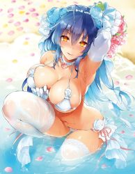 Rule 34 | 1girl, :q, ahoge, arm up, armpits, bikini, blue hair, blush, breasts, choker, cleavage, comic kairakuten beast, elbow gloves, female focus, flower, gloves, hair between eyes, hair flower, hair ornament, highres, jpeg artifacts, lace, lace-trimmed gloves, lace-trimmed legwear, lace trim, large breasts, leg up, long hair, looking at viewer, naughty face, orange eyes, pyon-kichi, skindentation, solo, string bikini, swimsuit, thighhighs, tongue, tongue out, wet, white bikini, white gloves, white thighhighs