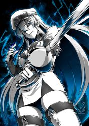 Rule 34 | 1girl, akame ga kill!, blue eyes, boots, breasts, choker, cleavage, cowboy shot, ebiblue, esdeath, gesugao, greyscale, greyscale with colored background, hair between eyes, hat, highres, holding, holding sword, holding weapon, large breasts, long hair, long sleeves, looking at viewer, military, military uniform, monochrome, open mouth, partially colored, peaked cap, rapier, sadism, shaded face, skirt, solo, sword, thigh boots, thighhighs, thighs, twitter username, uniform, very long hair, weapon