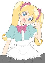 Rule 34 | 1girl, :d, absurdres, apron, bad id, bad twitter id, black skirt, blonde hair, blue dress, blue eyes, blush, copyright request, donguri suzume, dress, head tilt, highres, long hair, looking at viewer, neck ribbon, open mouth, pink ribbon, puffy short sleeves, puffy sleeves, ribbon, short sleeves, simple background, skirt, smile, solo, twintails, upper body, waist apron, waving, white background