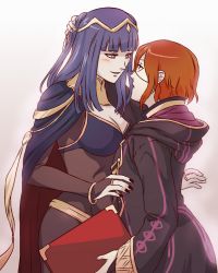 Rule 34 | 2girls, arm behind head, bangle, black nails, blunt bangs, blush, bodysuit, bracelet, breasts, bridal gauntlets, cape, circlet, cleavage, cloak, eye contact, fire emblem, fire emblem awakening, flauschtraut, half-closed eyes, hand on another&#039;s head, height difference, hood, hooded cloak, jewelry, long hair, looking at another, lots of jewelry, multiple girls, nail polish, nintendo, purple eyes, purple hair, red hair, robin (female) (fire emblem), robin (fire emblem), short hair, standing, tharja (fire emblem), two side up, yuri