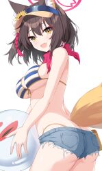Rule 34 | 1girl, absurdres, animal ears, ball, beachball, bikini, bikini under shorts, blue archive, blush, breasts, brown hair, cutoffs, denim, denim shorts, eyeshadow, fang, fox ears, fox tail, front-tie bikini top, front-tie top, halo, hayana neru, highres, holding, holding ball, holding beachball, izuna (blue archive), izuna (swimsuit) (blue archive), looking at viewer, looking to the side, makeup, medium breasts, official alternate costume, red eyeshadow, short shorts, shorts, simple background, skin fang, solo, striped bikini, striped clothes, swimsuit, tail, underboob, visor cap, white background