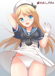 Rule 34 | blonde hair, blue eyes, blue sailor collar, clothes lift, cowboy shot, dress, dress lift, facing viewer, from below, gloves, gluteal fold, gradient background, grey background, hat, jervis (kancolle), kantai collection, long hair, panties, sailor collar, sailor dress, sailor hat, side-tie panties, solo, tokyo yamane, underwear, white background, white dress, white gloves, white hat, white panties, wind, wind lift