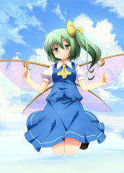 Rule 34 | 1girl, ascot, blue sky, blush, bow, cloud, daiyousei, day, fairy wings, female focus, green eyes, green hair, hair bow, jumping, matching hair/eyes, side ponytail, skirt, sky, smile, solo, sui. (ayase), touhou, wings