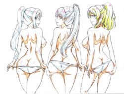 Rule 34 | 3girls, ass, ass support, ayase eli, backboob, black hair, blonde hair, blue eyes, breasts, butt crack, color trace, commentary request, from behind, hairstyle connection, hazuki ren, high ponytail, highres, in-franchise crossover, kotokoto (jumon), large breasts, long hair, looking at viewer, looking back, love live!, love live! school idol project, love live! sunshine!!, love live! superstar!!, matsuura kanan, multiple girls, orange eyes, panties, panty pull, ponytail, standing, topless, trait connection, underwear, white panties