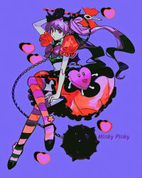 Rule 34 | 1girl, anklet, arm support, arm up, ball and chain (weapon), black footwear, black gloves, bow, bowtie, bright pupils, character name, commentary request, crop top, earrings, floating hair, frilled skirt, frilled sleeves, frills, full body, gloves, green shirt, heart, heart-shaped bag, highres, holding, holding weapon, invisible chair, jewelry, knee up, long hair, looking at viewer, magical girl, mahou shoujo minky pinky, midriff, multicolored thighhighs, napoli no otokotachi, navel, orange skirt, orange thighhighs, pofu31, puffy short sleeves, puffy sleeves, purple background, purple bow, purple bowtie, purple eyes, purple hair, purple thighhighs, red sleeves, shirt, short sleeves, simple background, single glove, sitting, skirt, solo, spiked ball and chain, striped clothes, striped thighhighs, thighhighs, twintails, weapon, white pupils