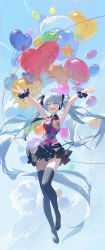 Rule 34 | 1girl, absurdres, aqua hair, arms up, balloon, black footwear, black skirt, blue necktie, blue sky, boots, closed eyes, cloud, collared shirt, commentary, full body, hatsune miku, highres, modare, multicolored shirt, necktie, open mouth, outstretched arms, scrunchie, shirt, sidelocks, skirt, sky, sleeveless, sleeveless shirt, smile, solo, standing, tell your world (vocaloid), thigh boots, thighhighs, thighs, twintails, vocaloid, wrist scrunchie, zettai ryouiki