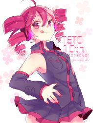 Rule 34 | 1girl, :q, ahoge, armpits, bare arms, detached sleeves, drill hair, floral background, hand on own hip, headphones, headset, highres, kasane teto, kawahara chisato, medium hair, miniskirt, nail polish, pink hair, pink nails, pleated skirt, red eyes, red hair, skirt, solo, standing, tongue, tongue out, twin drills, twintails, utau
