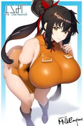 Rule 34 | 1girl, bare shoulders, black hair, blurry, blurry background, breasts, elbow gloves, female focus, final fantasy, final fantasy unlimited, from above, gloves, highres, huge breasts, kyosuke fujiwara, leaning forward, lisa pacifist, looking at viewer, orange eyes, orange gloves, orange shirt, orange shorts, ponytail, shadow, shirt, shorts, skin tight, smile, solo, thick thighs, thighs, white background, wide hips