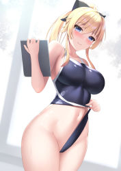 Rule 34 | 1girl, black bow, blonde hair, blue eyes, blue one-piece swimsuit, blush, bow, breasts, clothes pull, collarbone, commentary request, cowboy shot, genshin impact, groin, hair between eyes, hair bow, hand up, highres, holding, jean (genshin impact), large breasts, long hair, navel, one-piece swimsuit, one-piece swimsuit pull, ponytail, school uniform, solo, standing, stomach, swimsuit, tatsumiya kagari, thighs