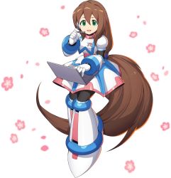 Rule 34 | 1girl, aged down, alternate color, android, brown hair, dress, green eyes, happy, headphones, highres, iris (mega man), long hair, looking at viewer, mega man (series), mega man x (series), mega man x dive, microphone, mizuno keisuke, navigator, no headwear, official alternate costume, official art, ponytail, skirt, smile, solo, third-party source, transparent background, very long hair