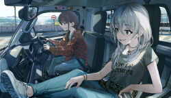 Rule 34 | 2girls, absurdres, angry, blue eyes, brown hair, can, car interior, choker, clenched teeth, commentary request, dashboard, denim, driving, earrings, feet on dashboard, girls band cry, grey eyes, grey hair, grey shirt, hair between eyes, highres, holding, holding can, iseri nina, jeans, jewelry, kawaragi momoka, long hair, long sleeves, looking ahead, multicolored hair, multiple girls, necklace, ocean, open mouth, pants, plaid, road, road sign, roots (hair), shirt, shoes, sign, sitting, smile, sneakers, t-shirt, teeth, veerinly