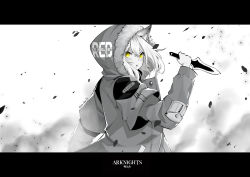 Rule 34 | 1girl, animal ear fluff, animal ears, arknights, blush, commentary, copyright name, dagger, english commentary, fur-trimmed hood, fur trim, fur trimm, hair between eyes, hand up, highres, holding, holding dagger, holding knife, holding weapon, hood, hood up, hooded jacket, jacket, knife, layered sleeves, letterboxed, long sleeves, looking at viewer, lulu-chan92, monochrome, open clothes, open jacket, parted lips, projekt red (arknights), short over long sleeves, short sleeves, solo, spot color, twitter username, v-shaped eyebrows, weapon, yellow eyes