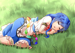 Rule 34 | 1girl, :o, blue hair, blue skirt, blush stickers, bow, bowtie, commentary request, dress, feet out of frame, grass, head on hand, hinanawi tenshi, layered dress, long hair, lying, no headwear, on grass, on ground, on side, puffy short sleeves, puffy sleeves, red bow, red bowtie, shirt, short sleeves, sidelocks, skirt, sleeping, solo, sugiyama ichirou, touhou, very long hair, white shirt