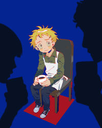 Rule 34 | 1boy, apron, black eyes, black footwear, blonde hair, blue background, blue pants, chair, closed mouth, colored lineart, cup, dot nose, drinking, forehead, full body, furrowed brow, green shirt, guu (hakahonoo), highres, holding, holding cup, light frown, looking to the side, original, pants, sanpaku, shirt, shoes, short hair, silhouette, simple background, sitting, sneakers, solo focus, three quarter view, two-handed, very short hair, wavy mouth