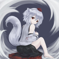 Rule 34 | 1girl, animal ears, barefoot, detached sleeves, from behind, full body, hat, hidarikata, inubashiri momiji, japanese clothes, long sleeves, looking at viewer, looking back, red eyes, shirt, short hair, silver hair, sitting, skirt, smile, solo, tail, tokin hat, touhou, wide sleeves, wolf ears, wolf tail