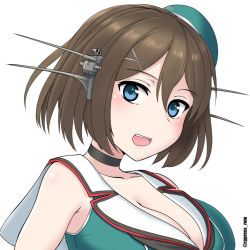 Rule 34 | 1girl, aqua hat, beret, blue eyes, blush, breasts, brown hair, cleavage, cypress, hair between eyes, hair ornament, hat, headgear, kantai collection, large breasts, looking at viewer, maya (kancolle), maya kai ni (kancolle), military, military uniform, open mouth, portrait, short hair, simple background, sleeveless, smile, solo, teeth, twitter username, uniform, upper teeth only, white background, x hair ornament