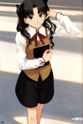 Rule 34 | 1girl, absurdres, adjusting hair, black hair, blue eyes, book, fate/stay night, fate (series), hair tuck, highres, homurahara academy school uniform, non-web source, scan, school uniform, skirt, smile, solo, takayama kisai, tohsaka rin, twintails, two side up, type-moon, vest