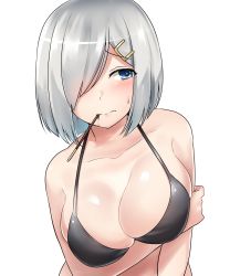 Rule 34 | 1girl, absurdres, arm under breasts, bikini, black bikini, blue eyes, blush, breasts, cleavage, collarbone, embarrassed, food, hair ornament, hair over one eye, hairclip, hamakaze (kancolle), highres, kantai collection, kiritto, large breasts, looking at viewer, pocky, pocky day, short hair, silver hair, simple background, solo, sweatdrop, swimsuit, upper body, white background