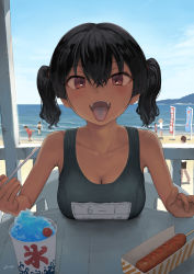 Rule 34 | 1girl, beach, blue one-piece swimsuit, blue sky, blue tongue, breasts, cherry, cleavage, cloud, collarbone, colored tongue, commentary request, corn dog, day, food, fruit, hair between eyes, highres, kaedeko (kaedelic), large breasts, looking at viewer, ocean, one-piece swimsuit, open mouth, oppai loli, original, outdoors, red eyes, sasaki kanna (kaedeko), school swimsuit, shaved ice, short hair, signature, sky, smile, solo focus, swimsuit, teeth, tongue, tongue out, twintails, upper teeth only