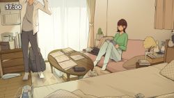 Rule 34 | 1boy, 1girl, bed, black pants, book, brown hair, couch, curtains, head out of frame, indoors, looking at another, on couch, original, pants, pillow, short hair, sitting, standing, stuffed animal, stuffed toy, table, wakamatsu372, window
