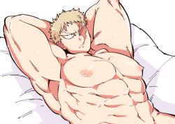 Rule 34 | 1boy, abs, armpits, arms behind head, bara, blonde hair, boku no hero academia, completely nude, large pectorals, lying, male focus, muscular, muscular (boku no hero academia), muscular male, navel, nipples, nude, on back, on bed, pectorals, scar, scar across eye, scar on face, short hair, sideburns, solo, stomach, yazaki (yazakc)
