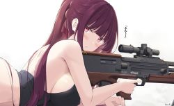 Rule 34 | 1girl, :/, artist name, back, blunt bangs, blush, breasts, bullpup, closed mouth, covered erect nipples, from side, girls&#039; frontline, gun, highres, holding, holding gun, holding weapon, jewelry, keenh, large breasts, long hair, looking at viewer, looking to the side, lying, on stomach, ponytail, purple eyes, purple hair, rifle, ring, scope, sideboob, simple background, sniper rifle, solo, trigger discipline, tsundere, upper body, v-shaped eyebrows, wa2000 (girls&#039; frontline), walther, walther wa 2000, weapon, white background
