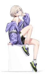 Rule 34 | 1girl, absurdres, blue eyes, blush, bob cut, breasts, grey hair, grin, highres, idolmaster, idolmaster shiny colors, jacket, long sleeves, looking at viewer, off shoulder, open clothes, open jacket, purple jacket, serizawa asahi, shoes, short hair, small breasts, smile, sneakers, solo, spider apple