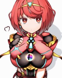 Rule 34 | 1girl, black gloves, breasts, chest jewel, earrings, fingerless gloves, gloves, highres, jewelry, large breasts, nintendo, pyra (xenoblade), red eyes, red hair, red legwear, red shorts, rokuko (locoto0), short hair, short shorts, shorts, smash ball, solo, super smash bros., swept bangs, tiara, xenoblade chronicles (series), xenoblade chronicles 2