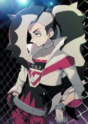 Rule 34 | 1boy, belt, black hair, bracelet, choker, closed mouth, collarbone, commentary request, creatures (company), crop top, eyeshadow, fence, game freak, gloves, green eyes, gym leader, half-closed eyes, highres, holding, holding belt, jacket, jewelry, lens flare, long hair, long sleeves, makeup, male focus, multicolored hair, nintendo, pants, partially fingerless gloves, piers (pokemon), pink pants, pokemon, pokemon swsh, print shirt, riko (k riko), shirt, solo, two-tone hair