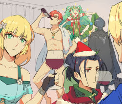 Rule 34 | 2girls, 4boys, abs, alcohol, anocurry, armor, blonde hair, blue cape, blue hair, braid, brown gloves, byleth (fire emblem), byleth (male) (fire emblem), cape, christmas, christmas ornaments, closed mouth, collarbone, convenient censoring, cup, derivative work, dimitri alexandre blaiddyd, dress, drinking, drinking glass, felix hugo fraldarius, fingerless gloves, fire emblem, fire emblem: three houses, fire emblem heroes, from behind, fur trim, gloves, green eyes, green hair, hair bun, hair ornament, hand on own hip, hat, holding, indoors, ingrid brandl galatea, jewelry, long hair, multiple boys, multiple girls, necklace, nintendo, open mouth, orange eyes, pointy ears, red hair, reference photo, reference work, santa hat, scarf, screencap redraw, short hair, simple background, single hair bun, smile, sothis (fire emblem), sunglasses, sylvain jose gautier, tiara, towel, twin braids, upper body, wine, wine glass