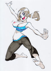Rule 34 | 1girl, blue eyes, breasts, breasts out, clothes, colored skin, female focus, grey hair, long hair, medium breasts, nintendo, nipples, open mouth, rafchu, simple background, smile, white background, wii fit, wii fit trainer, wii fit trainer (female)