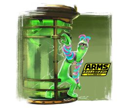 Rule 34 | arms (game), blue hair, broken glass, dna man (arms), glass, goggles, green background, highres, jar, logo, long arms, monster boy, multicolored hair, nintendo, official art, open mouth, purple hair, simple background, solo