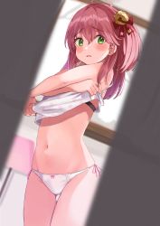 Rule 34 | 1girl, absurdres, ahoge, bell, black bra, blurry, blurry foreground, blush, bow, bow panties, bra, bra peek, camisole, camisole lift, clothes lift, commentary request, cowboy shot, depth of field, gluteal fold, green eyes, hair between eyes, hair bow, haru yu, highres, hololive, indoors, jingle bell, lifting own clothes, long hair, looking at viewer, navel, one side up, panties, parted lips, pink hair, pink ribbon, pov, red bow, ribbon, sakura miko, side-tie panties, sleeveless, solo, stomach, thigh gap, underwear, virtual youtuber, white panties