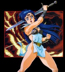 Rule 34 | 1990s (style), 1girl, arm up, armor, artist request, asou yuuko, bikini armor, blue eyes, blue hair, bracer, circlet, feet out of frame, holding, holding sword, holding weapon, long hair, mugen senshi valis, official art, open mouth, pauldrons, pelvic curtain, retro artstyle, shoulder armor, solo, sword, valis, weapon
