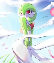 Rule 34 | 1girl, absurdres, between legs, blue background, blue sky, bob cut, breasts, cloud, colored skin, cowboy shot, creatures (company), day, falling petals, female focus, game freak, gardevoir, gen 3 pokemon, grass, green hair, green skin, hair between eyes, hand between legs, happy, highres, looking afar, looking to the side, multicolored skin, navel, nintendo, noconcession, open mouth, outdoors, petals, pokemon, pokemon (creature), red eyes, short hair, sky, small breasts, smile, solo, standing, two-tone skin, white skin