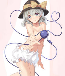 Rule 34 | 1girl, bloomers, breasts, convenient censoring, eyeball, grey eyes, hat, hat ribbon, heart, heart of string, highres, komeiji koishi, partially undressed, ribbon, silver hair, sizimi-sijimi, small breasts, smile, solo, third eye, topless, touhou, underwear, underwear only, white bloomers