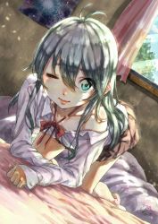 Rule 34 | 10s, 1girl, antenna hair, aqua eyes, aqua hair, bad id, bad pixiv id, barefoot, blush, bow, bowtie, brown skirt, closed mouth, collarbone, collared shirt, curtains, day, denpa onna to seishun otoko, eyebrows, floral print, full body, hair between eyes, highres, indoors, long hair, looking at viewer, nose blush, off shoulder, one eye closed, pleated skirt, poster (object), red bow, red bowtie, school uniform, shirt, skirt, sleeves past wrists, solo, touwa erio, white shirt, window, wing collar, zawaty